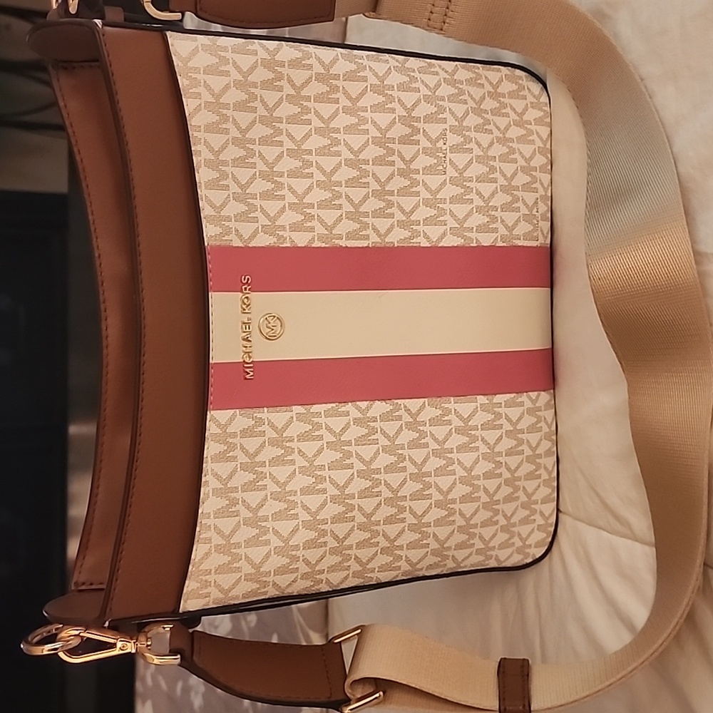 Michael Kors Crossbody Bag Set Brown and Pink Monogram and Leather Trim - Picture 2 of 8
